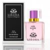 Luna Bloom by LIEORA perfume bottle with soft pink fragrance, purple cap and elegant glass design on a light white-pink glossy background – best perfume for women, long-lasting floral musk scent.
