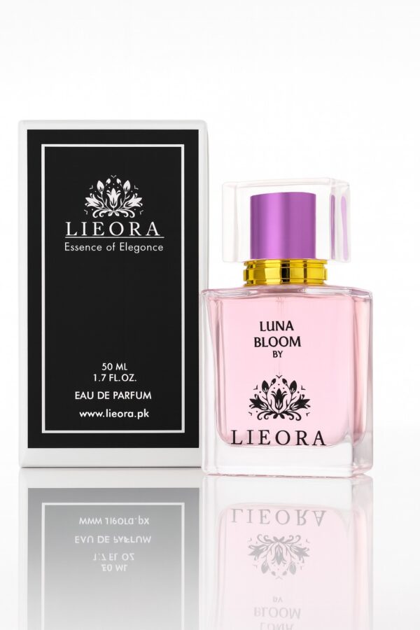 Luna Bloom by LIEORA perfume bottle with soft pink fragrance, purple cap and elegant glass design on a light white-pink glossy background – best perfume for women, long-lasting floral musk scent.