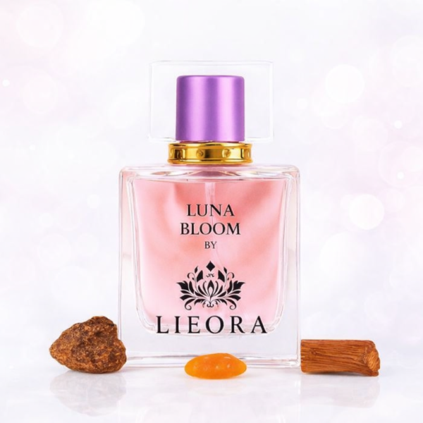 Luna Bloom by LIEORA perfume bottle with soft pink fragrance, purple cap and elegant glass design on a light white-pink glossy background – best perfume for women, long-lasting floral musk scent.